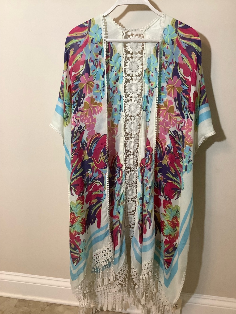 Floral Crochet-Back Kimono Cardigan in White, Blue & Pink